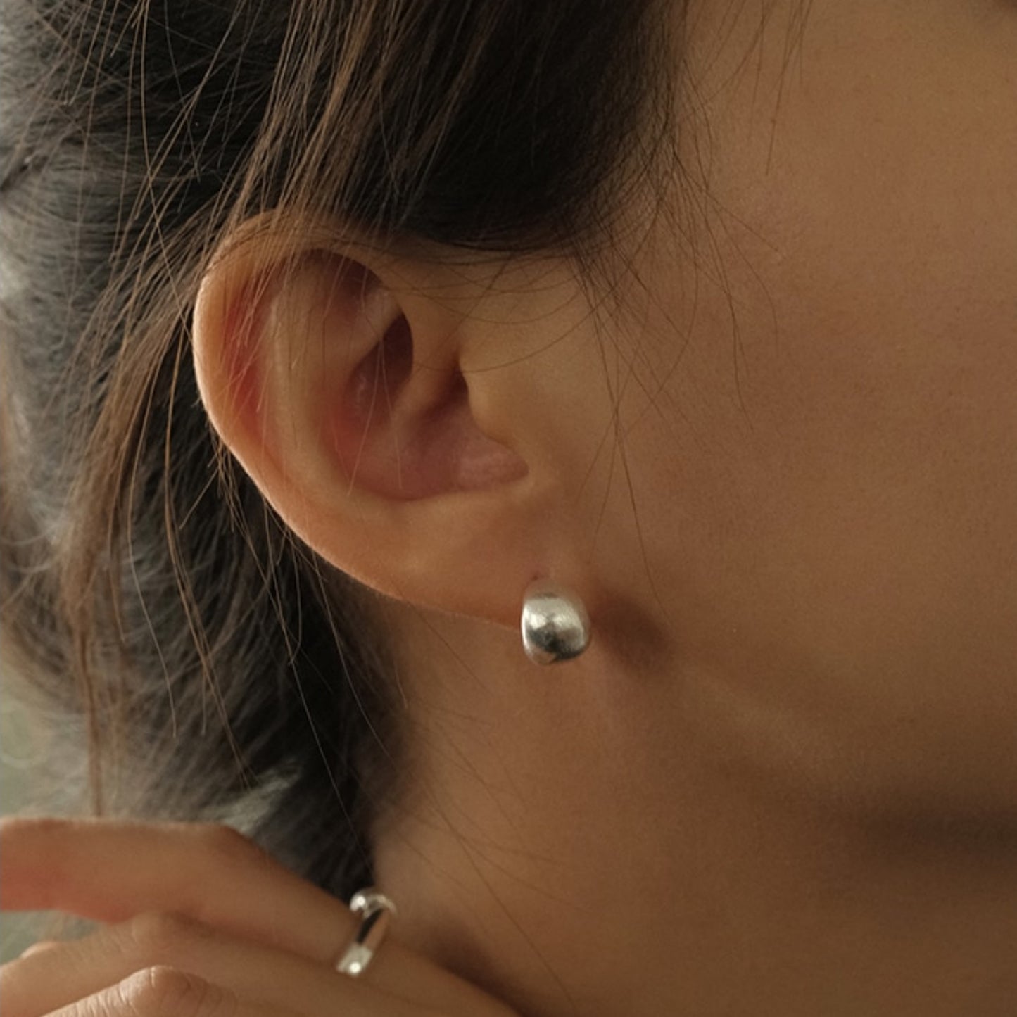 Sterling Silver Brushed Half Hoop Bead Dome Bridal Stud Earrings