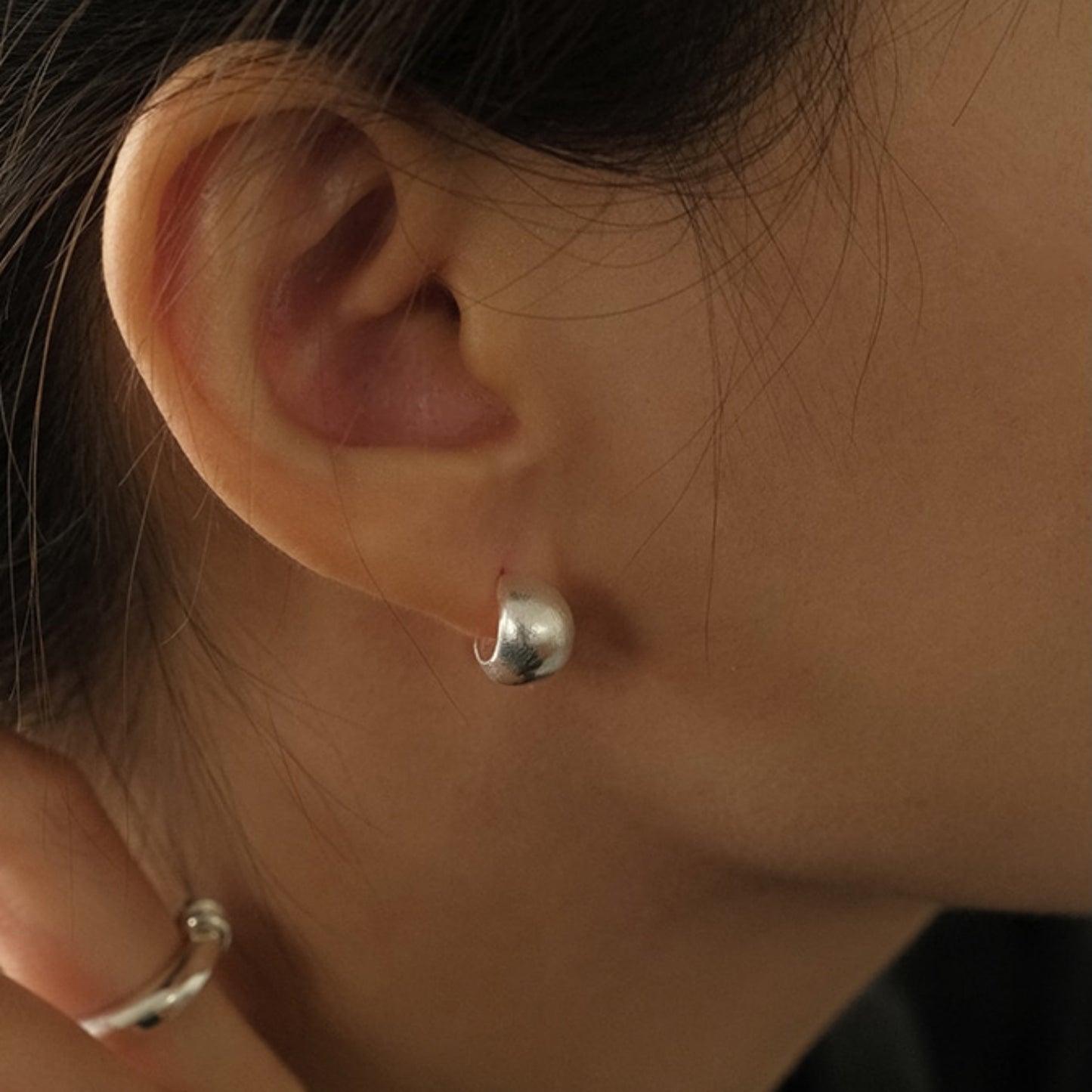 Sterling Silver Brushed Half Hoop Bead Dome Bridal Stud Earrings
