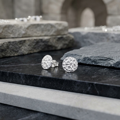 Hammered disc stud earrings on posts, textured silver-tone finish