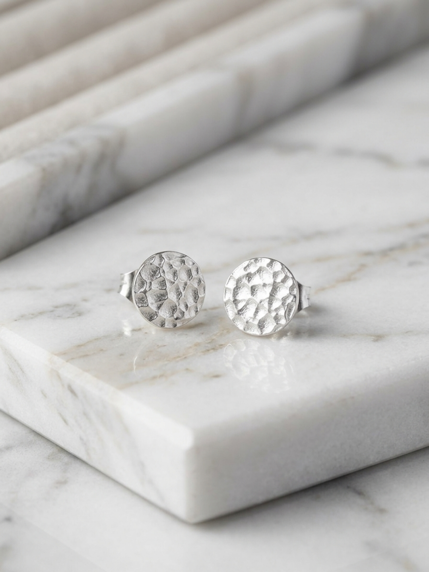 Hammered disc stud earrings, textured round discs, silver-tone pair