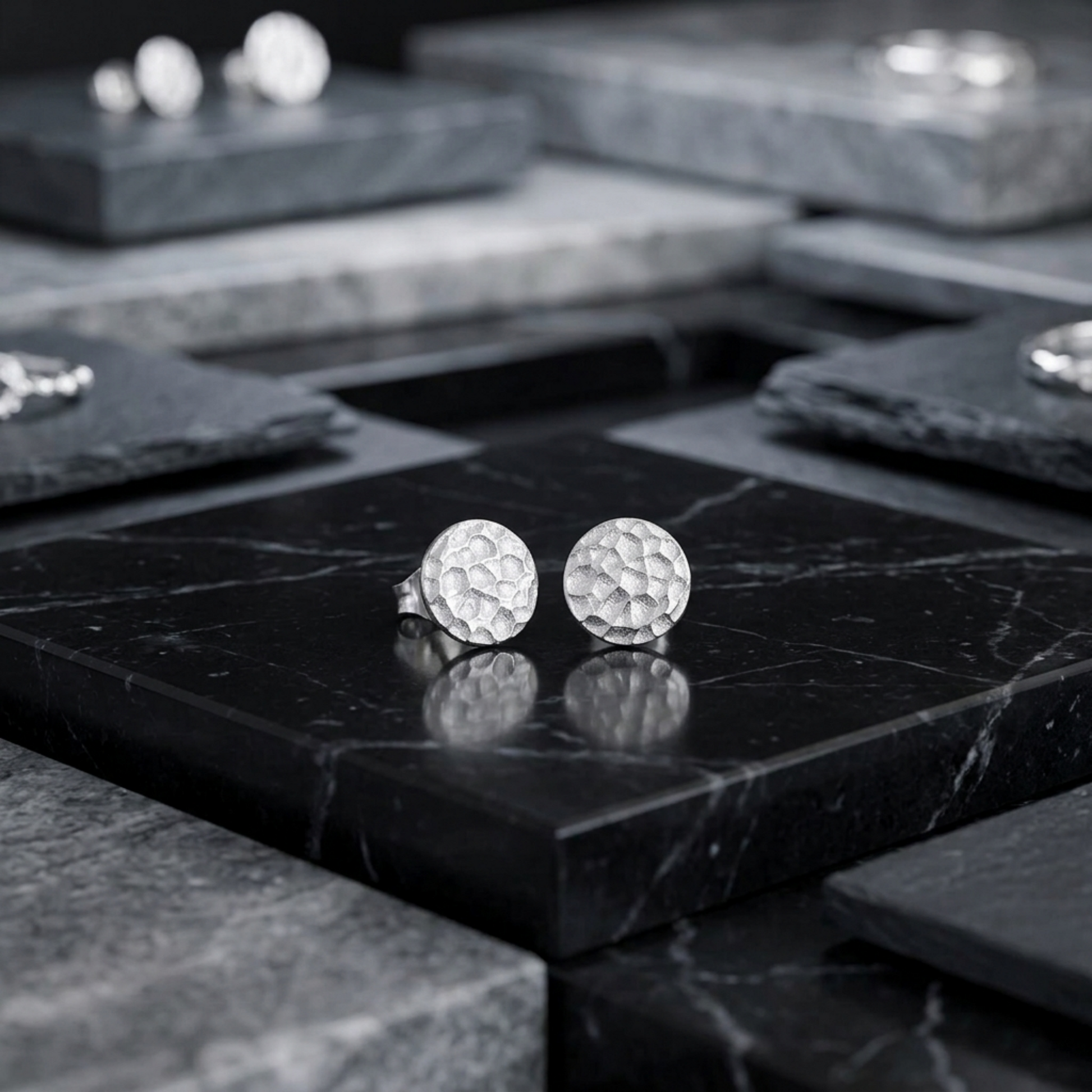 Hammered disc stud earrings, textured face detail, silver-tone pair
