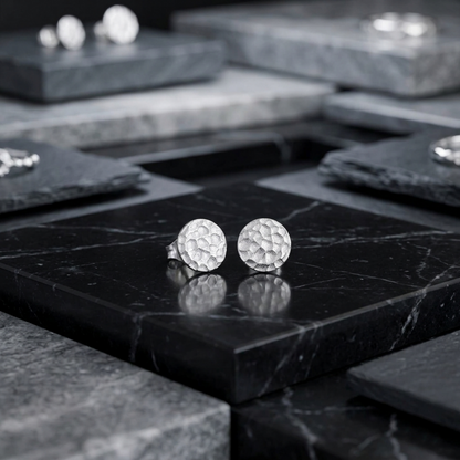 Hammered disc stud earrings, textured face detail, silver-tone pair