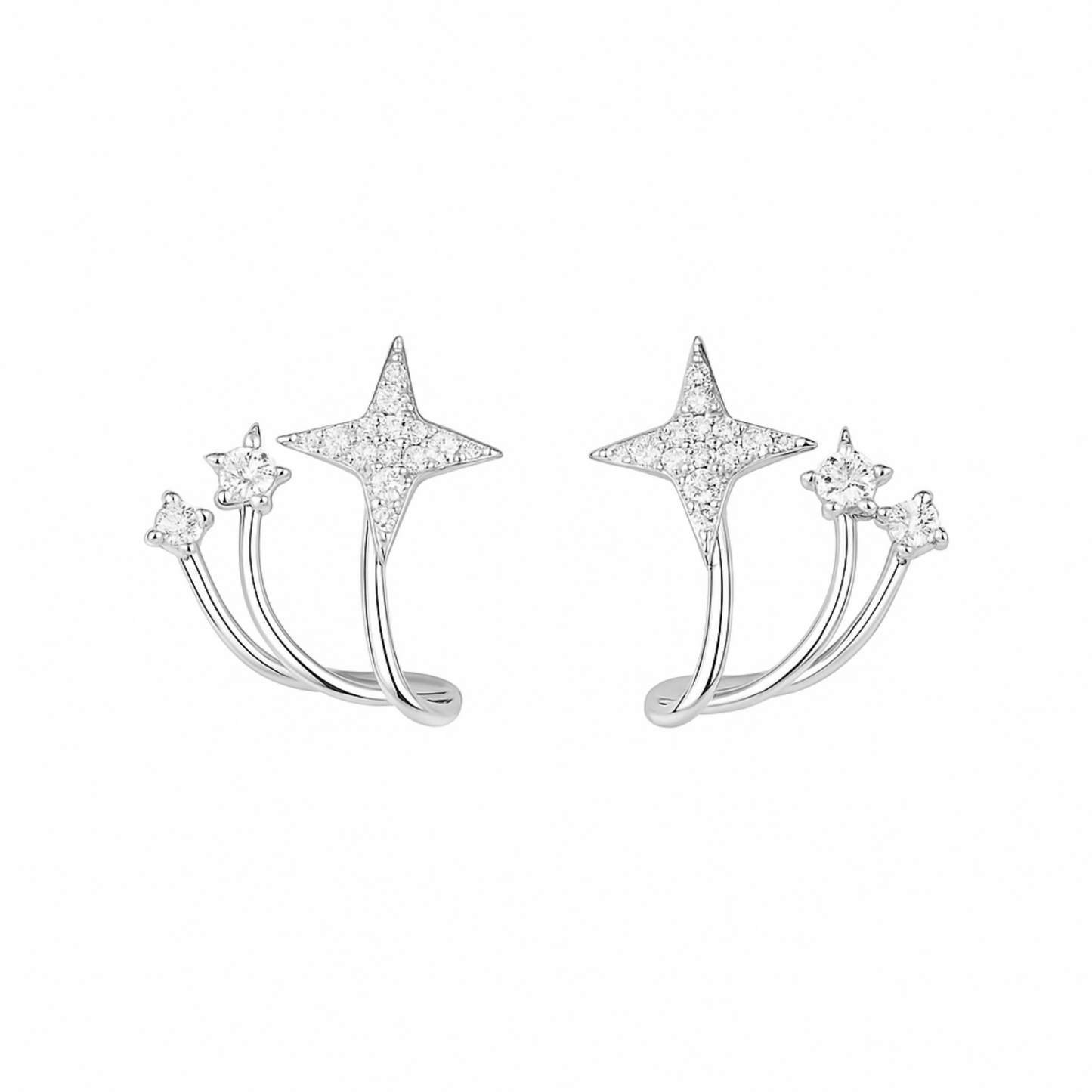 Sterling Silver Triple Shooting Star Polaris CZ Curvy Huggie Stud Earrings