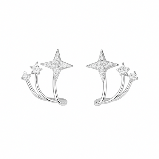 Sterling Silver Triple Shooting Star Polaris CZ Curvy Huggie Stud Earrings
