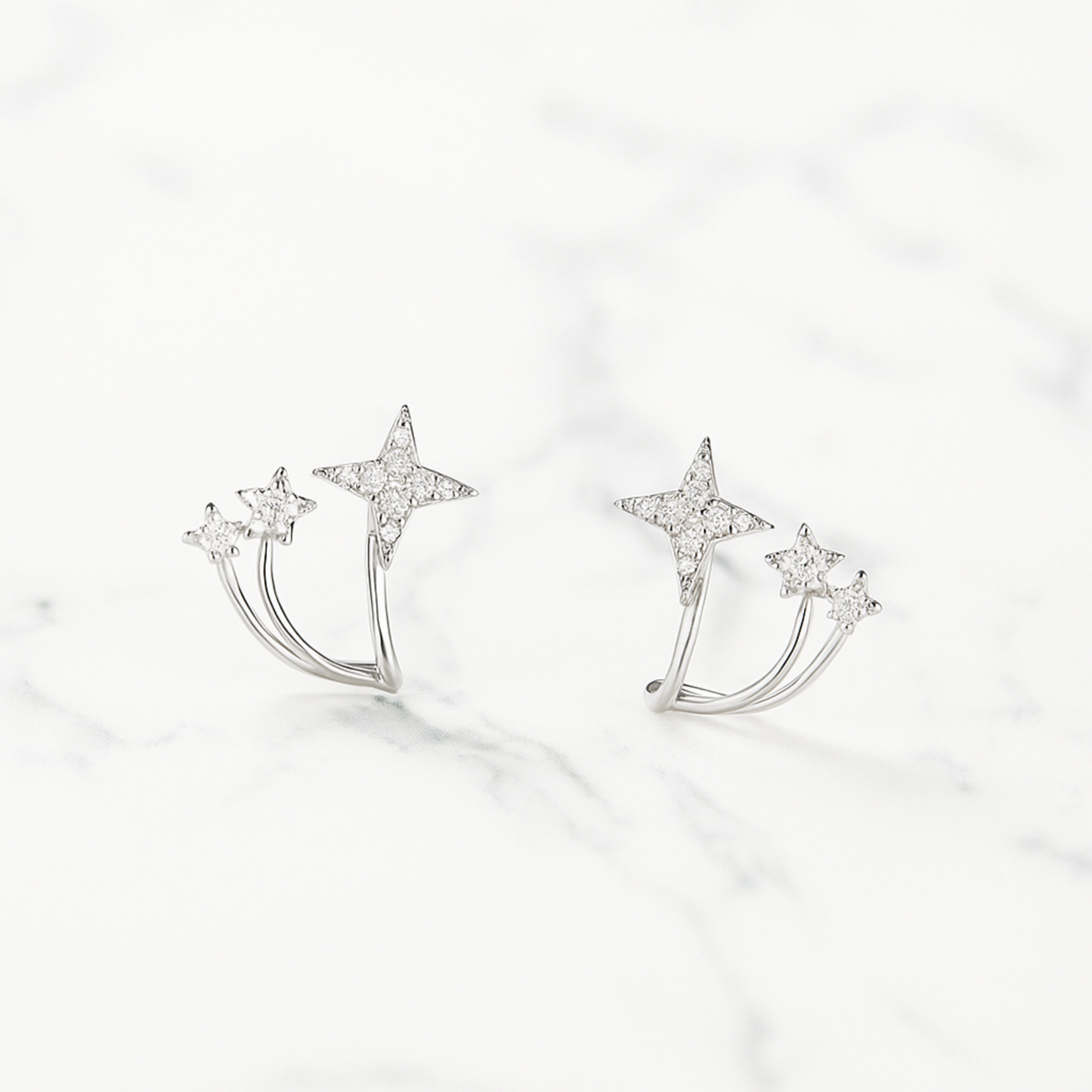 Sterling Silver Triple Shooting Star Polaris CZ Curvy Huggie Stud Earrings