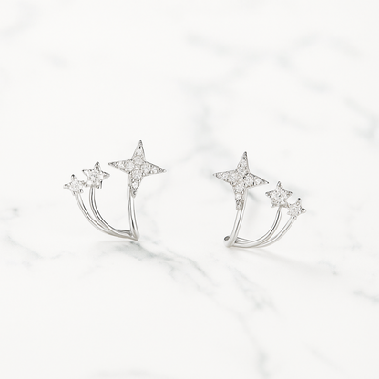Sterling Silver Triple Shooting Star Polaris CZ Curvy Huggie Stud Earrings