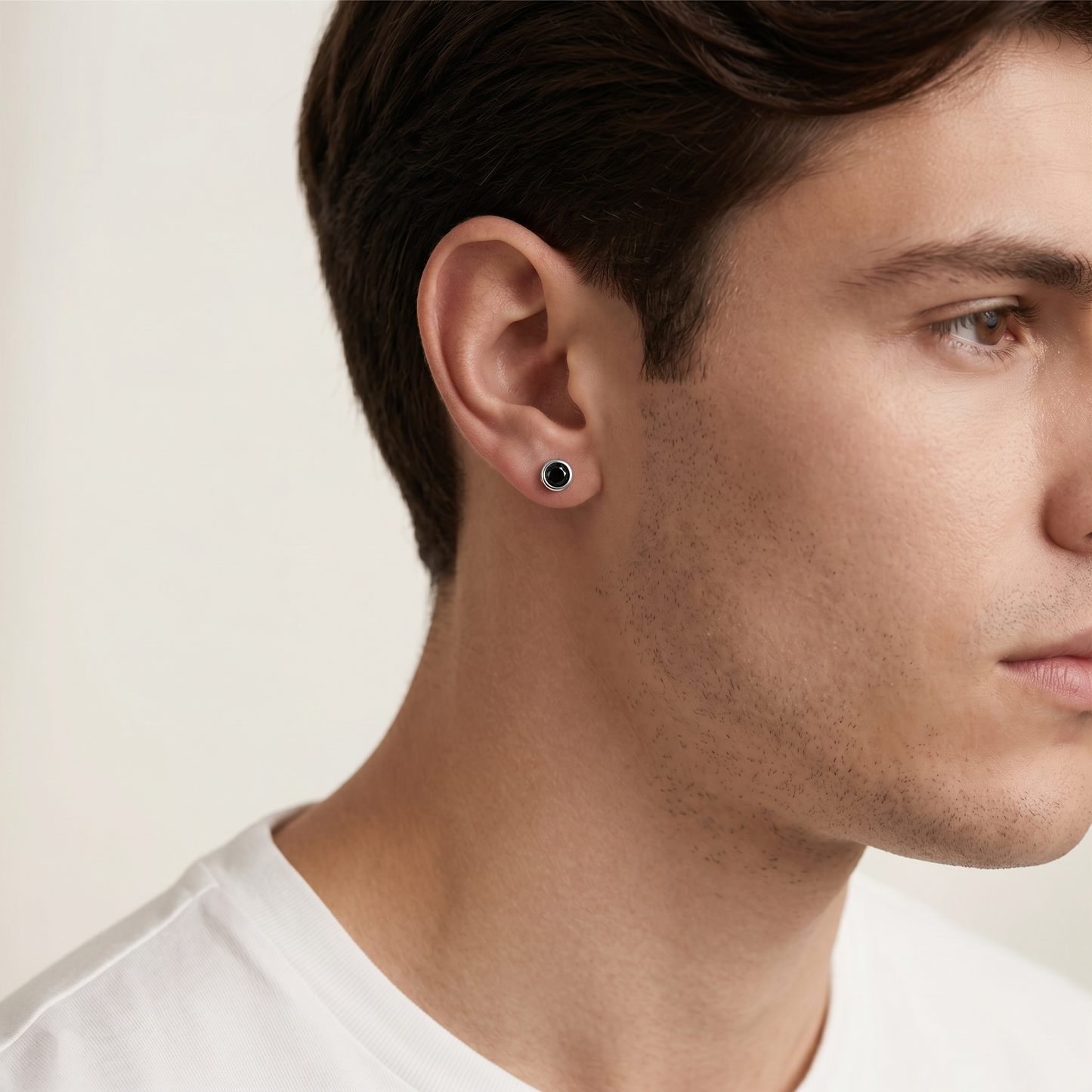 Bezel Solitaire Studs in black—round dark stone bezel with stud back