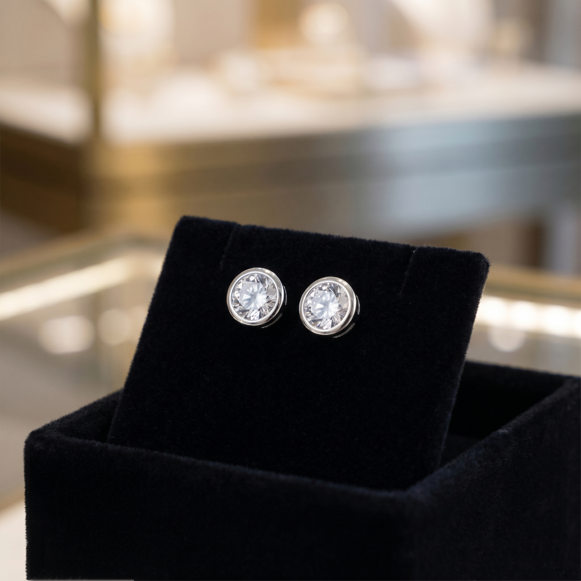 Clear bezel solitaire stud earrings, round clear stones on posts in silver-tone bezels