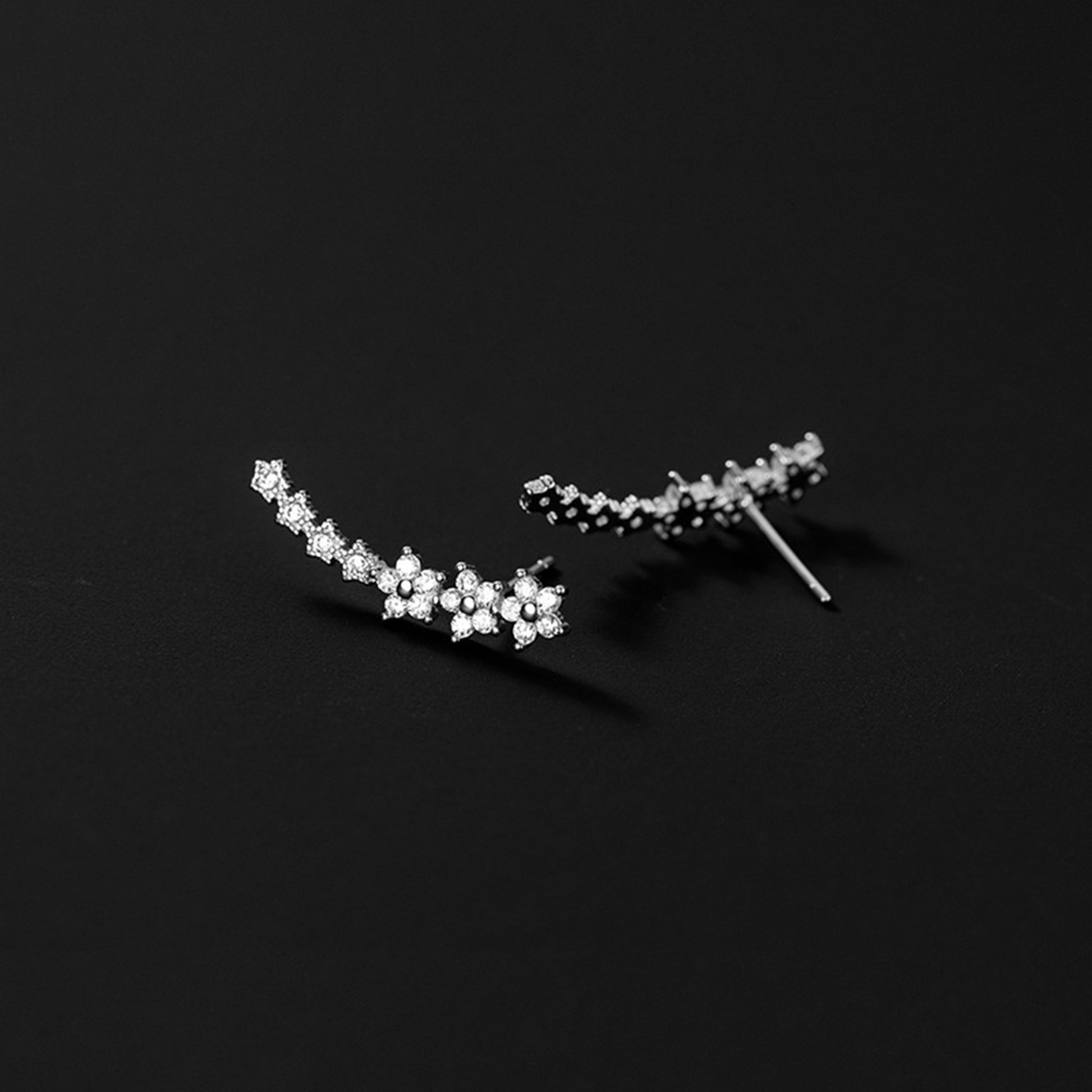 Sterling Silver Paved CZ Curved Line Star Flower Post Drop Climber Earrings 3 Tones - sugarkittenlondon