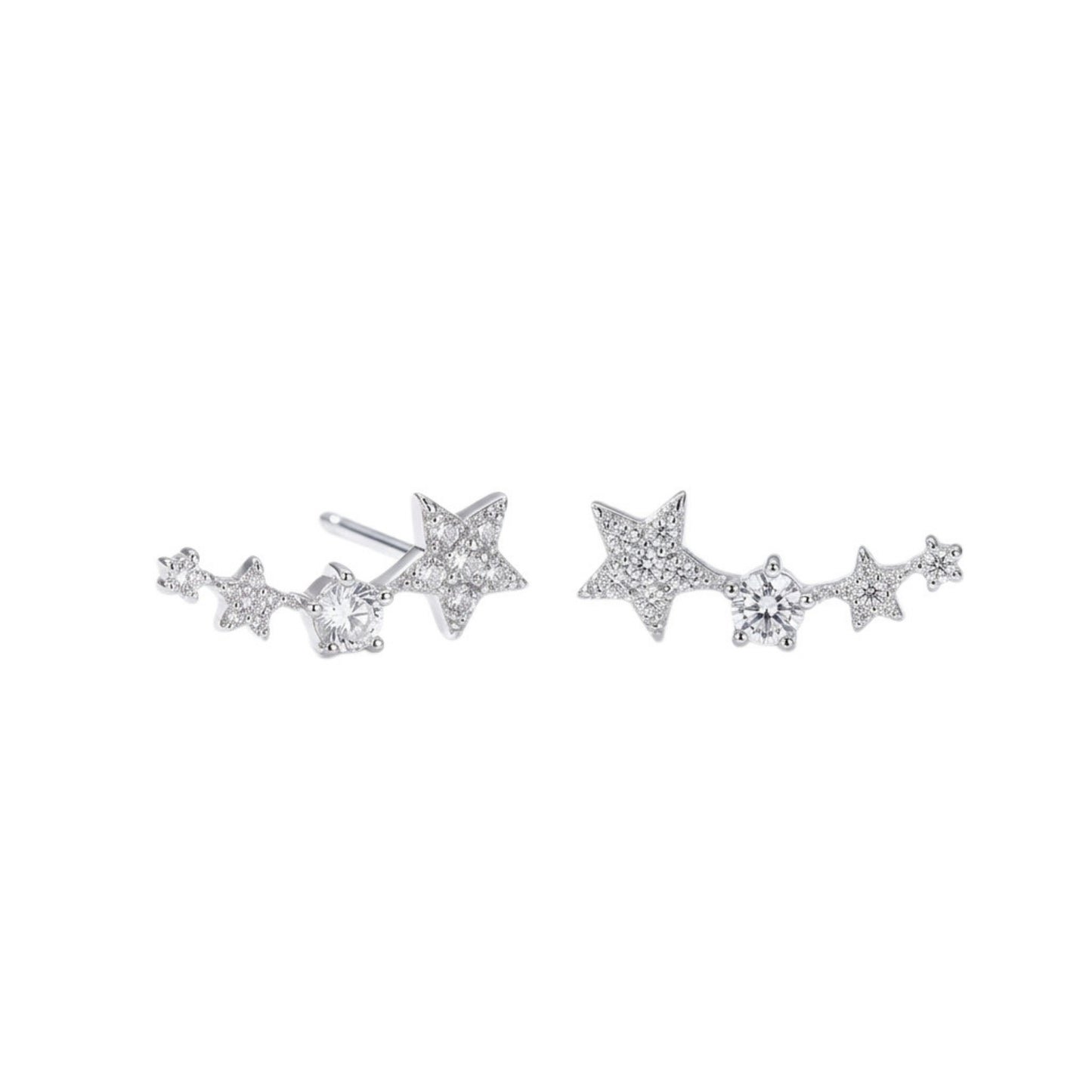 Linked star CZ ear climbers with three dangling sparkle stars, silver-tone