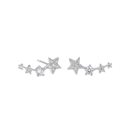 Linked star CZ ear climbers with three dangling sparkle stars, silver-tone