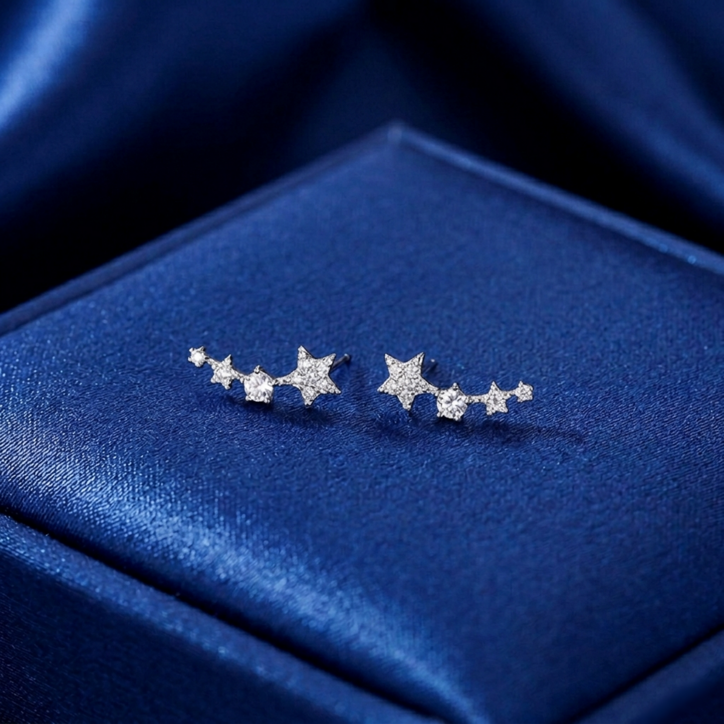Star CZ ear climbers with small linked stars and round CZ center stones, silver-tone