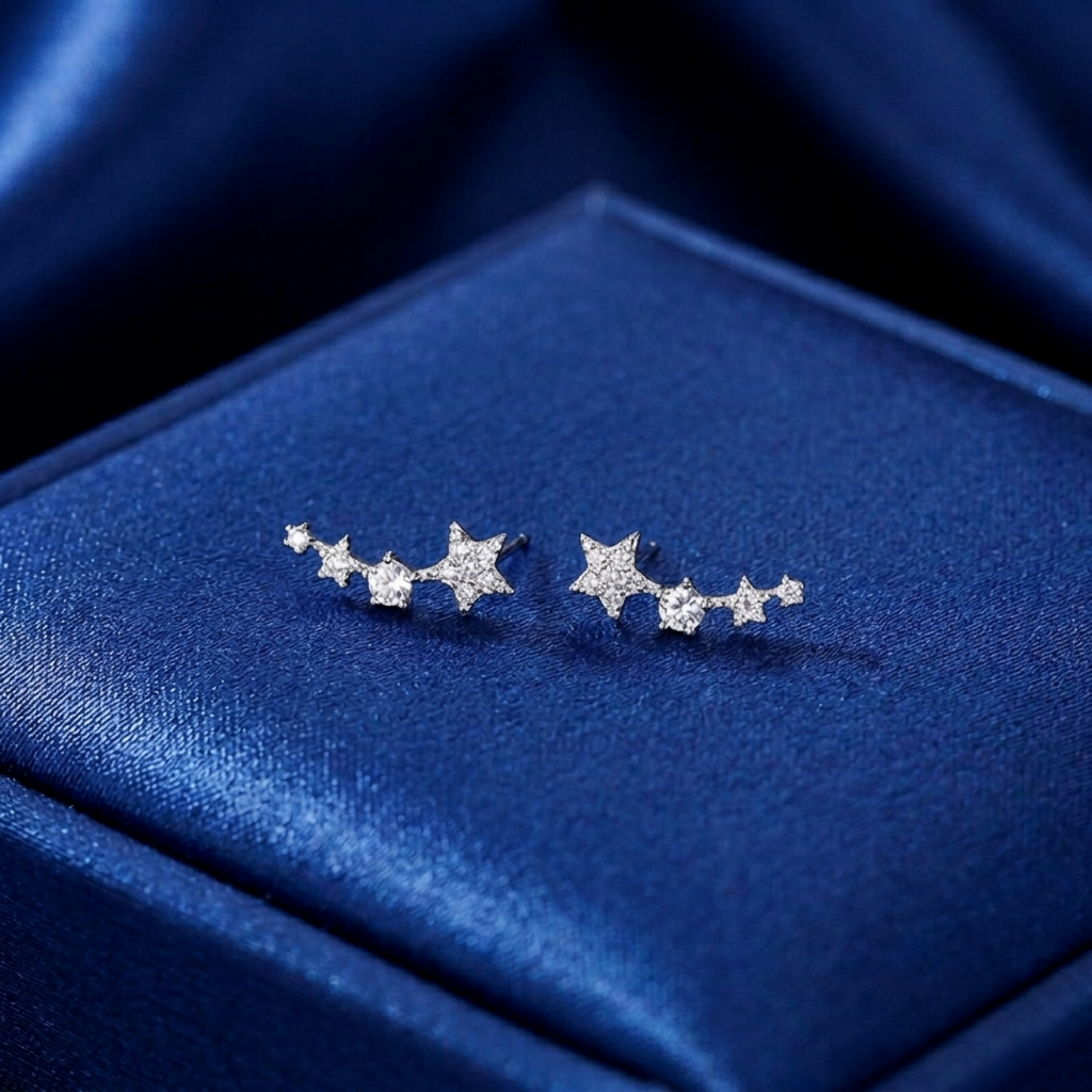 Star CZ ear climbers with small linked stars and round CZ center stones, silver-tone