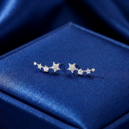 Star CZ ear climbers with small linked stars and round CZ center stones, silver-tone
