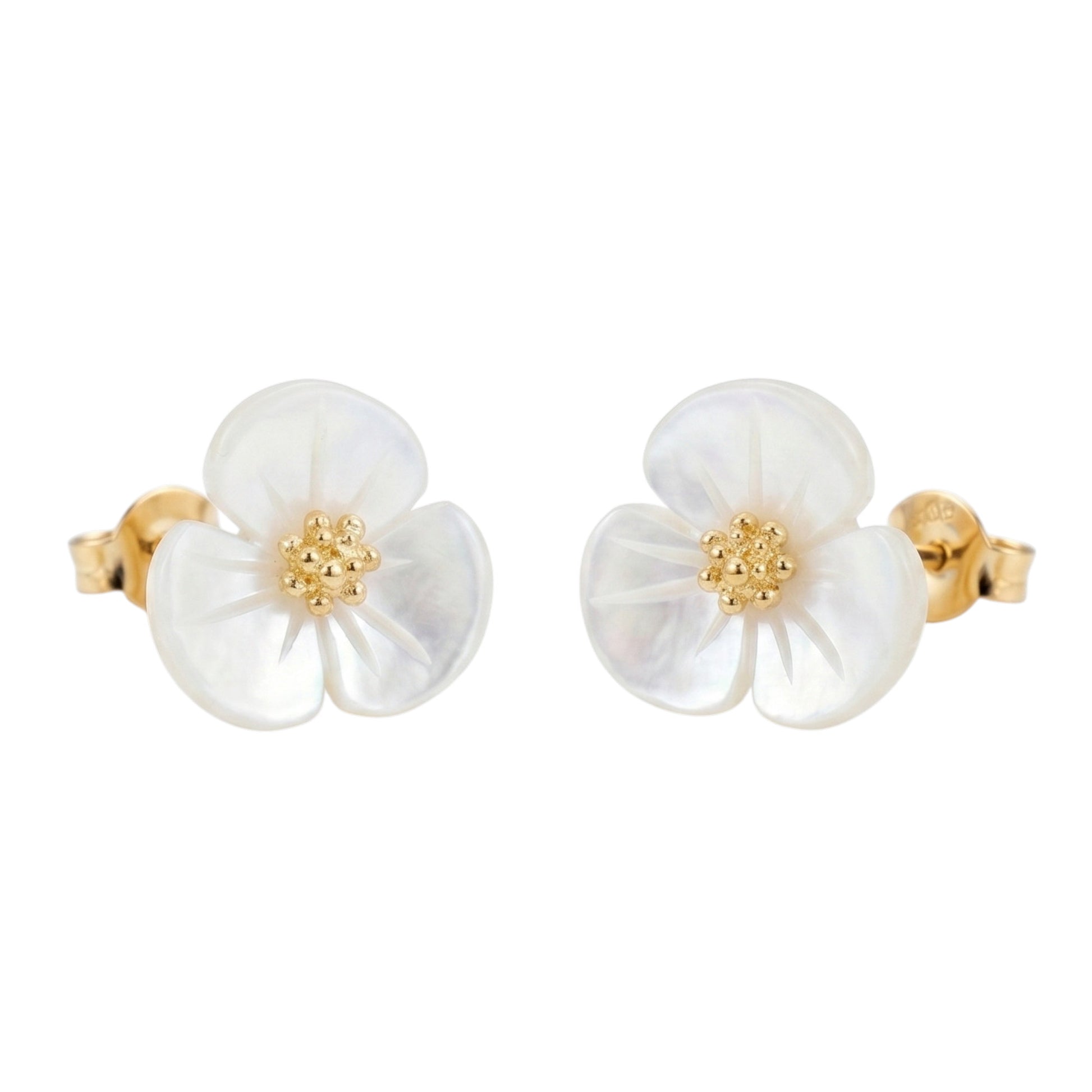 Mother of Pearl shamrock stud earrings, gold-tone posts, white flower with gold center