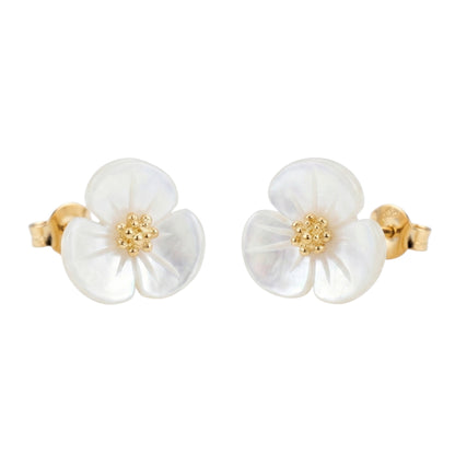 Mother of Pearl shamrock stud earrings, gold-tone posts, white flower with gold center