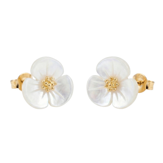 Mother of Pearl shamrock stud earrings, gold-tone posts, white flower with gold center