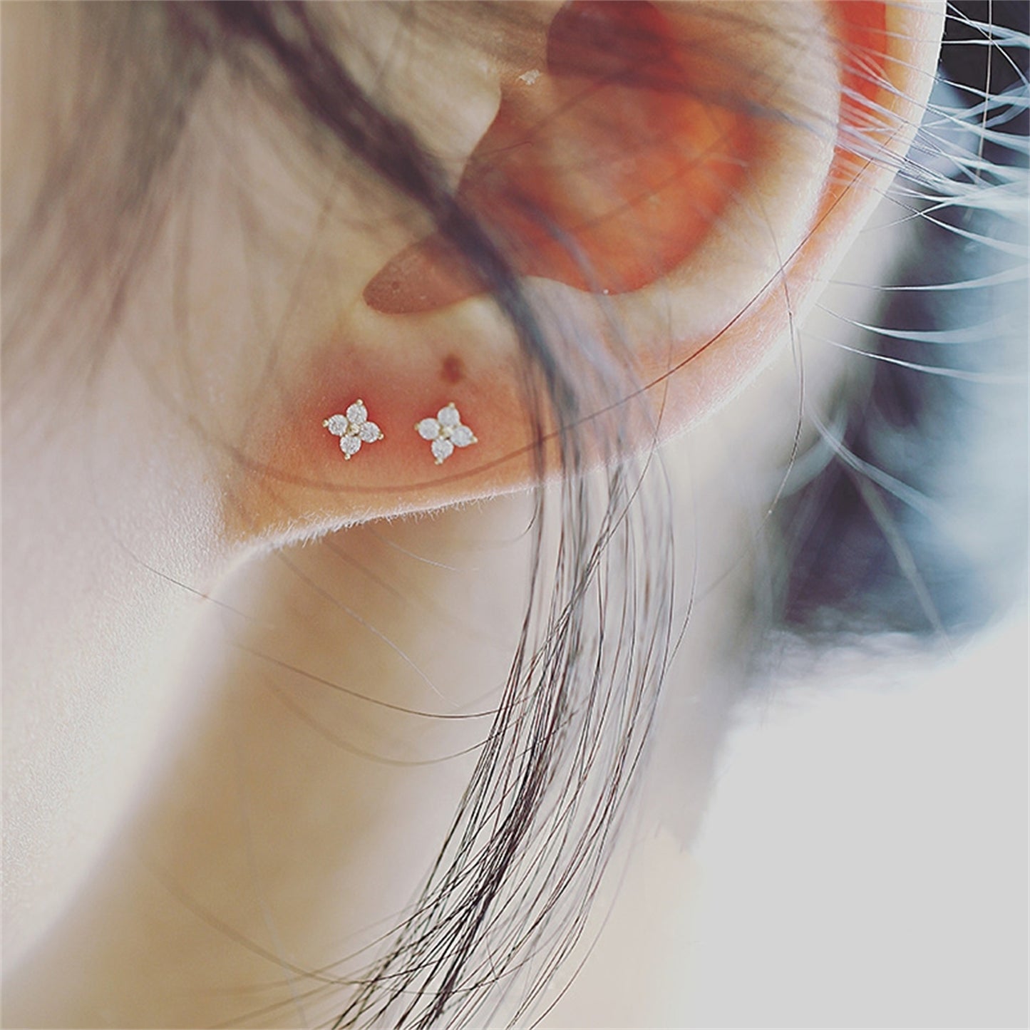 Sterling Silver Motif CZ Star Piercing Stud Earrings 2 Tones - sugarkittenlondon