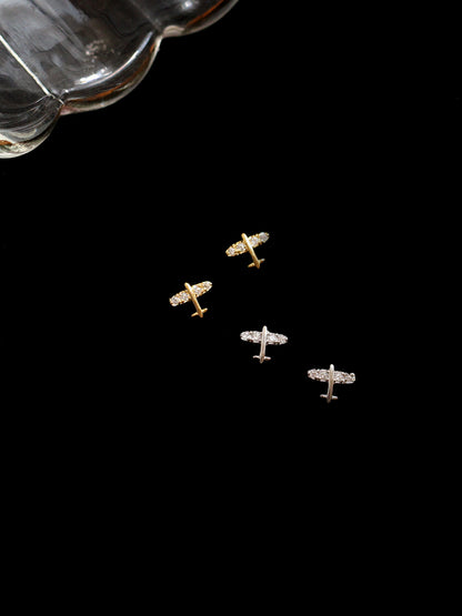 Mini CZ Airplane Stud Earrings in Sterling Silver with Rhodium / Gold Plating