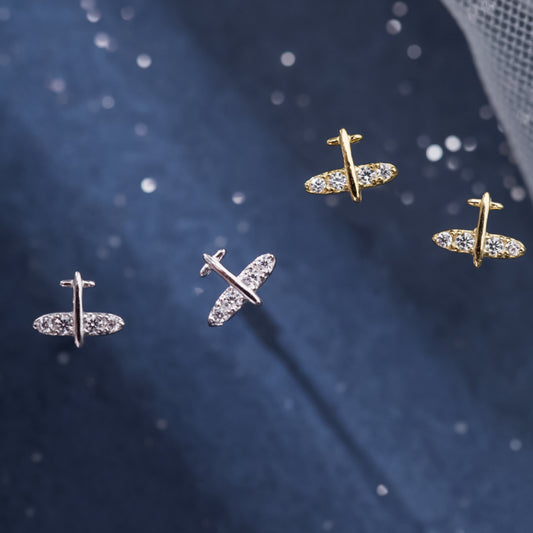 Mini CZ Airplane Stud Earrings in Sterling Silver with Rhodium / Gold Plating