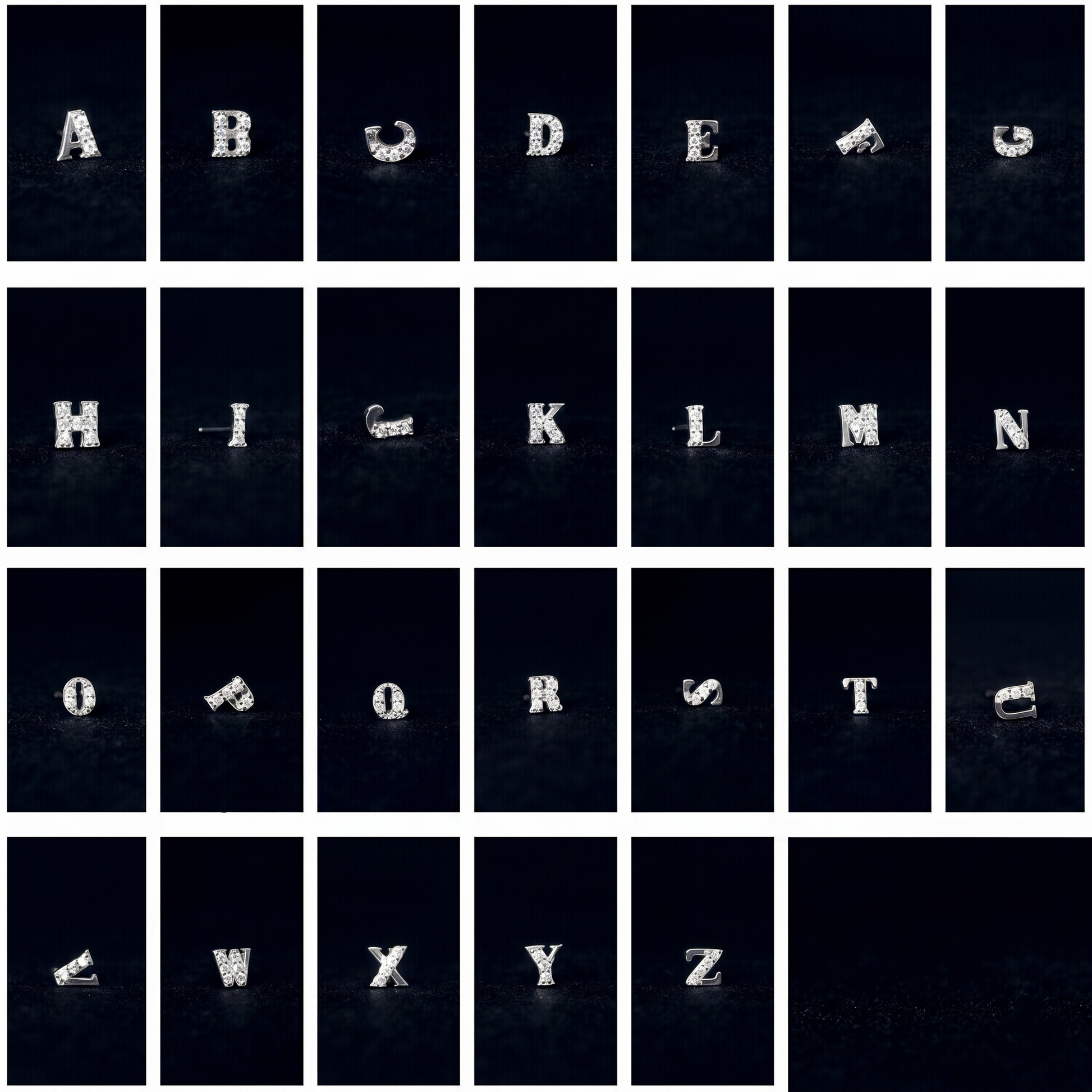 Mini CZ paved initial studs, silver-tone—multiple letter tiles (A, B, C, D, E)