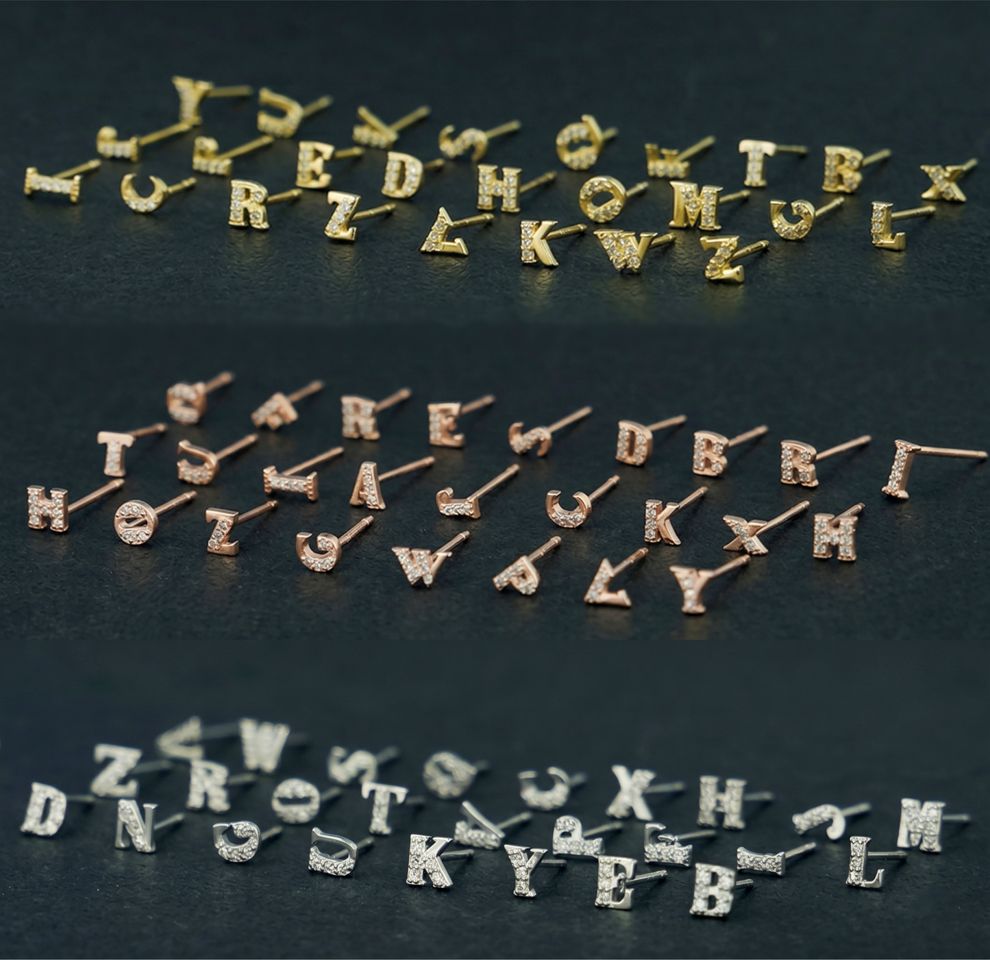 Mini CZ paved initial studs, gold and rose gold tones—assorted letter shapes