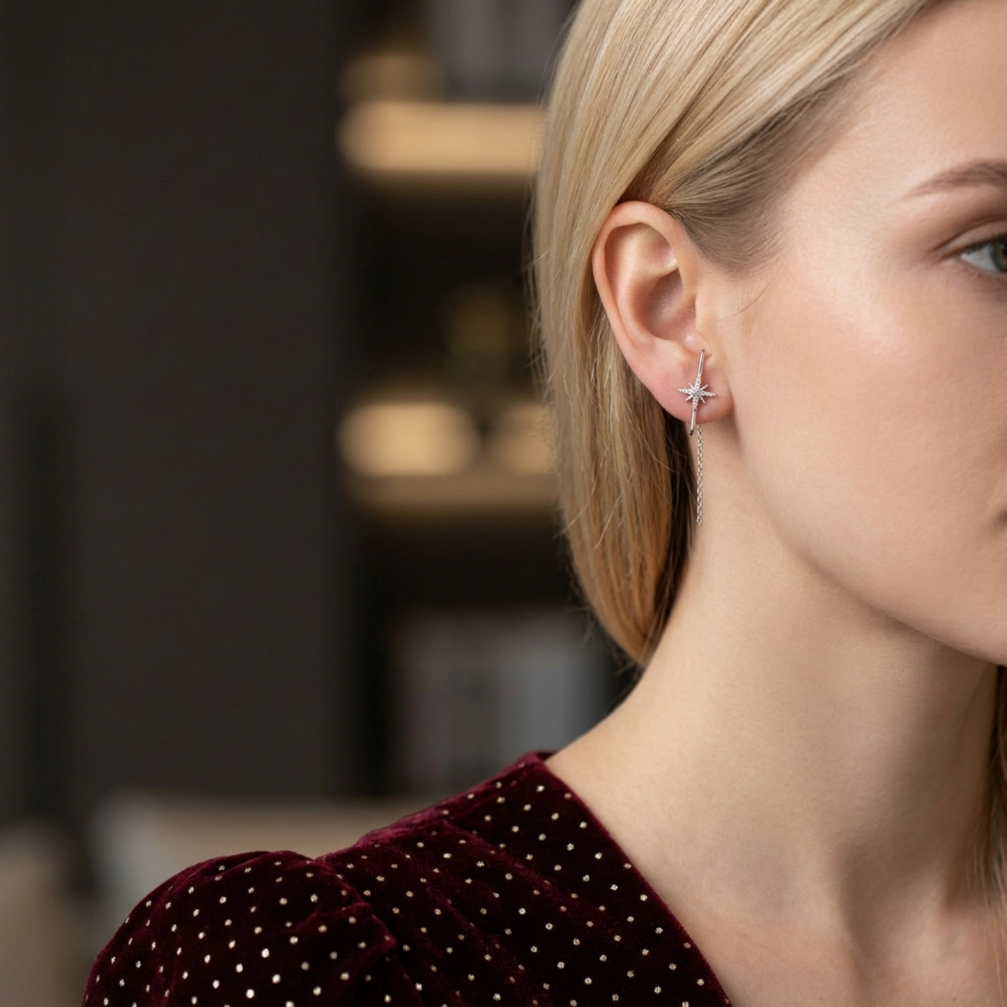 North Star suspender studs in rhodium-tone, star stud with hanging chain length