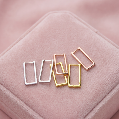Geometric rectangle huggie earrings in mixed gold, rose gold, and silver tones