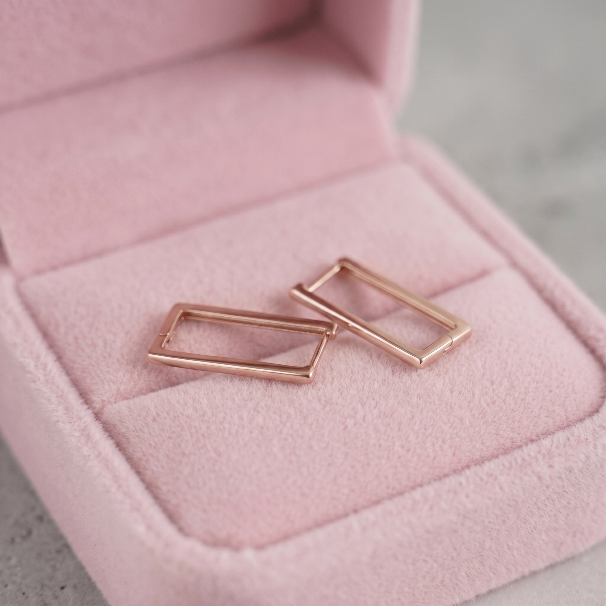 Geometric rectangle huggie earrings, rose gold-tone metal rectangle hoops