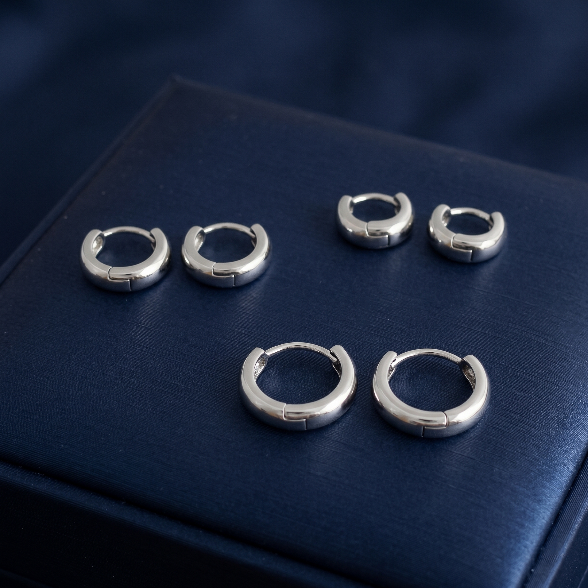 Rhodium-tone 3mm sleeper huggie hoops, set of polished hoops