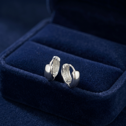 Rhodium-tone 3mm sleeper huggie hoops, close-up front view
