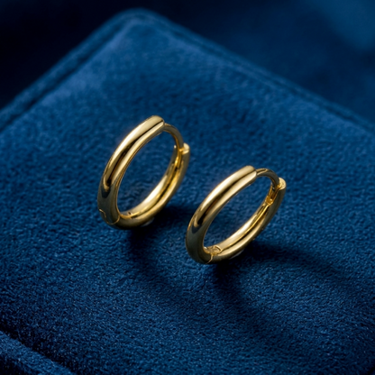 18K Gold 2mm sleeper huggies, two small round hinge hoops