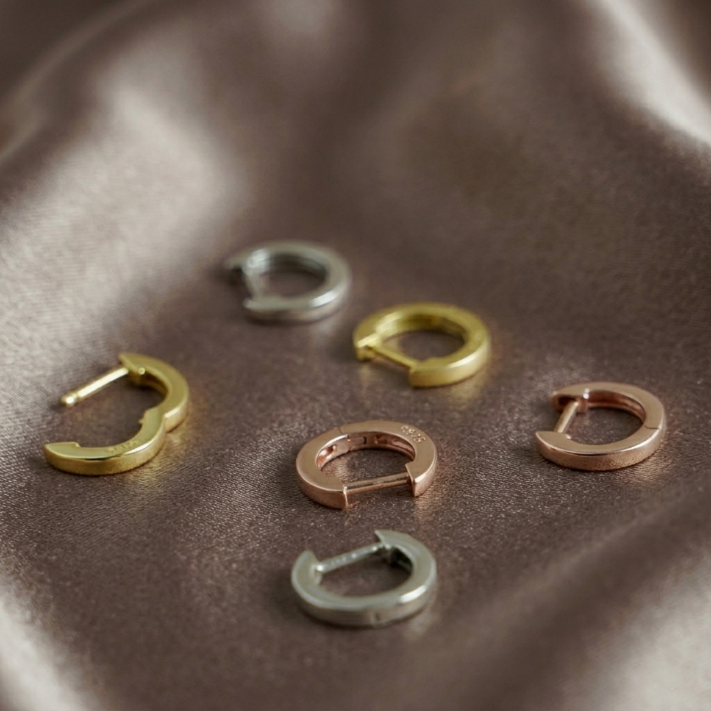 Mixed-color latch-back hoop earrings set: gold, rose gold, silver, green-toned