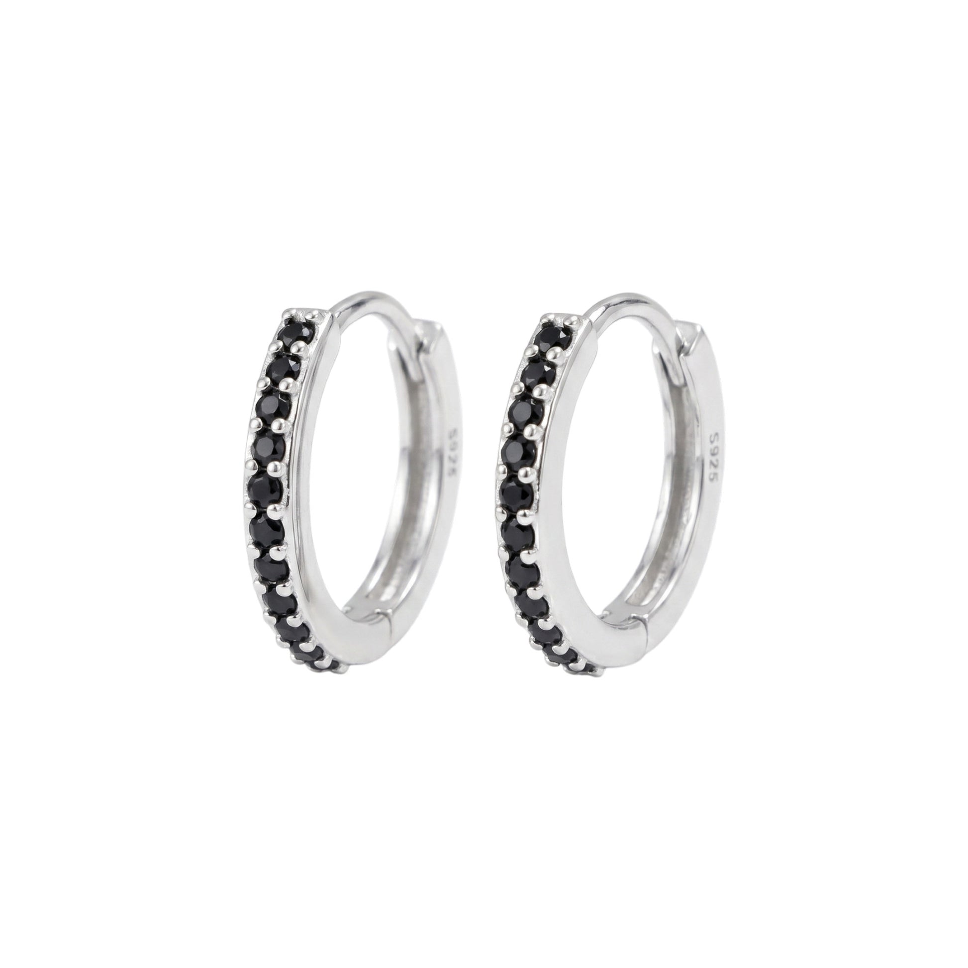 Contrast Huggie Hoops: silver-tone huggie earrings with black stone row