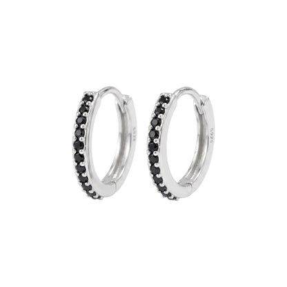 Contrast Huggie Hoops: silver-tone huggie earrings with black stone row