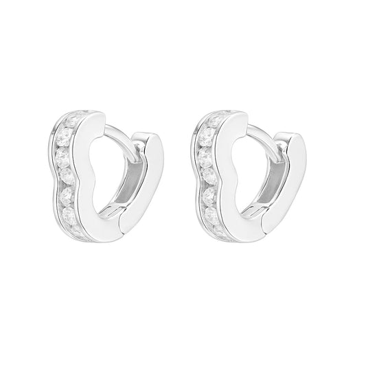 Silver heart-shaped CZ hoop earrings, pair view with pavé stones