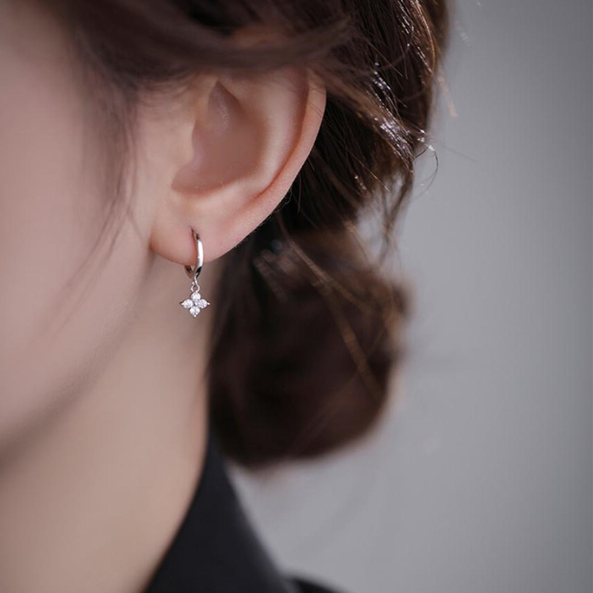 Sterling Silver Flower Hoop Earrings with CZ Charm - Hinged Huggie - 2 Tones - sugarkittenlondon