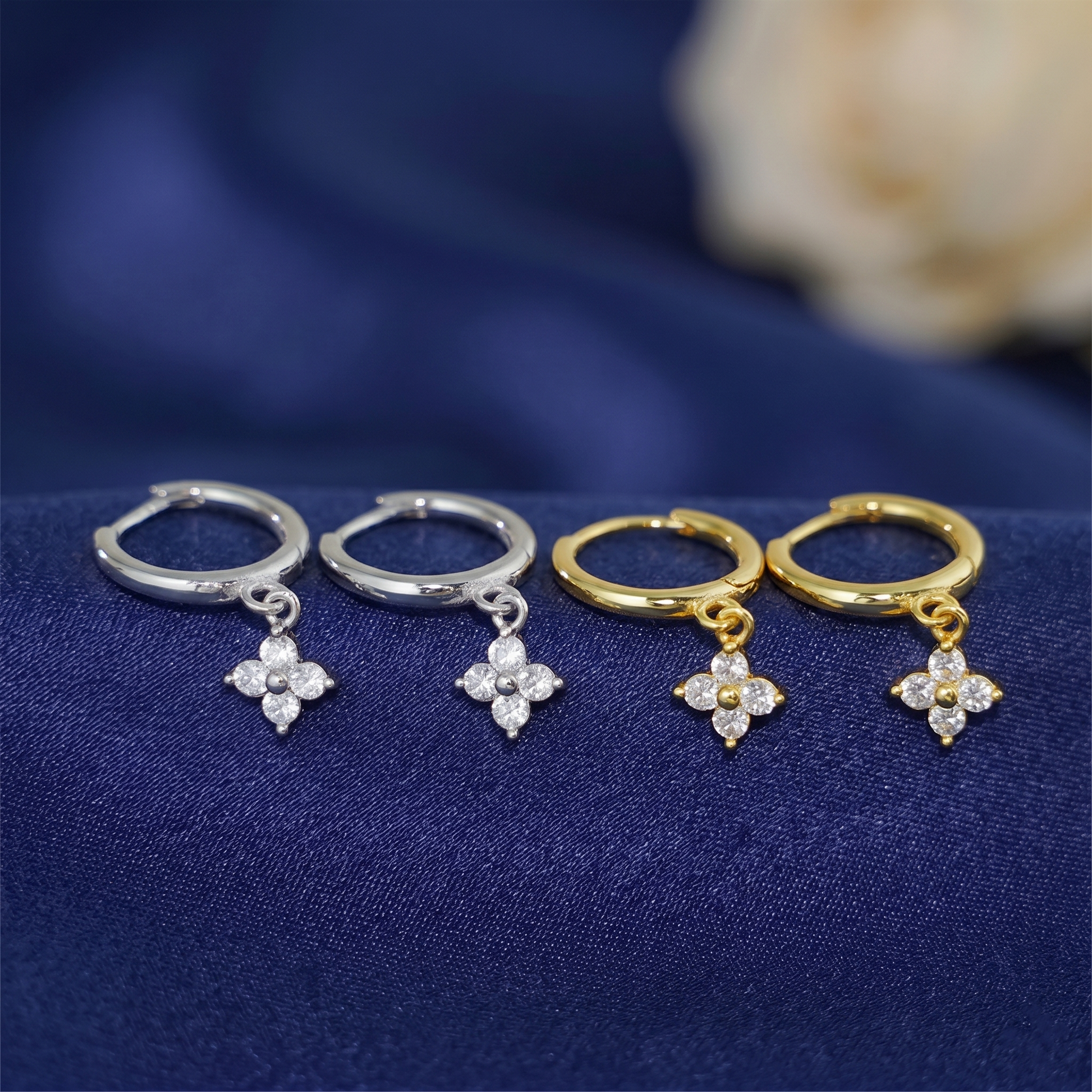 Flower Charm Huggies set: rhodium and 18K gold hoops with crystal flower charms