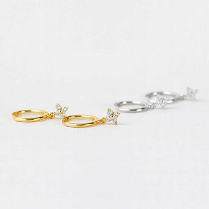 Sterling Silver Flower Hoop Earrings with CZ Charm - Hinged Huggie - 2 Tones - sugarkittenlondon