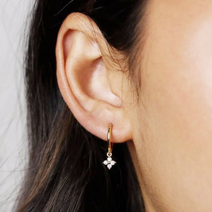 Sterling Silver Flower Hoop Earrings with CZ Charm - Hinged Huggie - 2 Tones - sugarkittenlondon