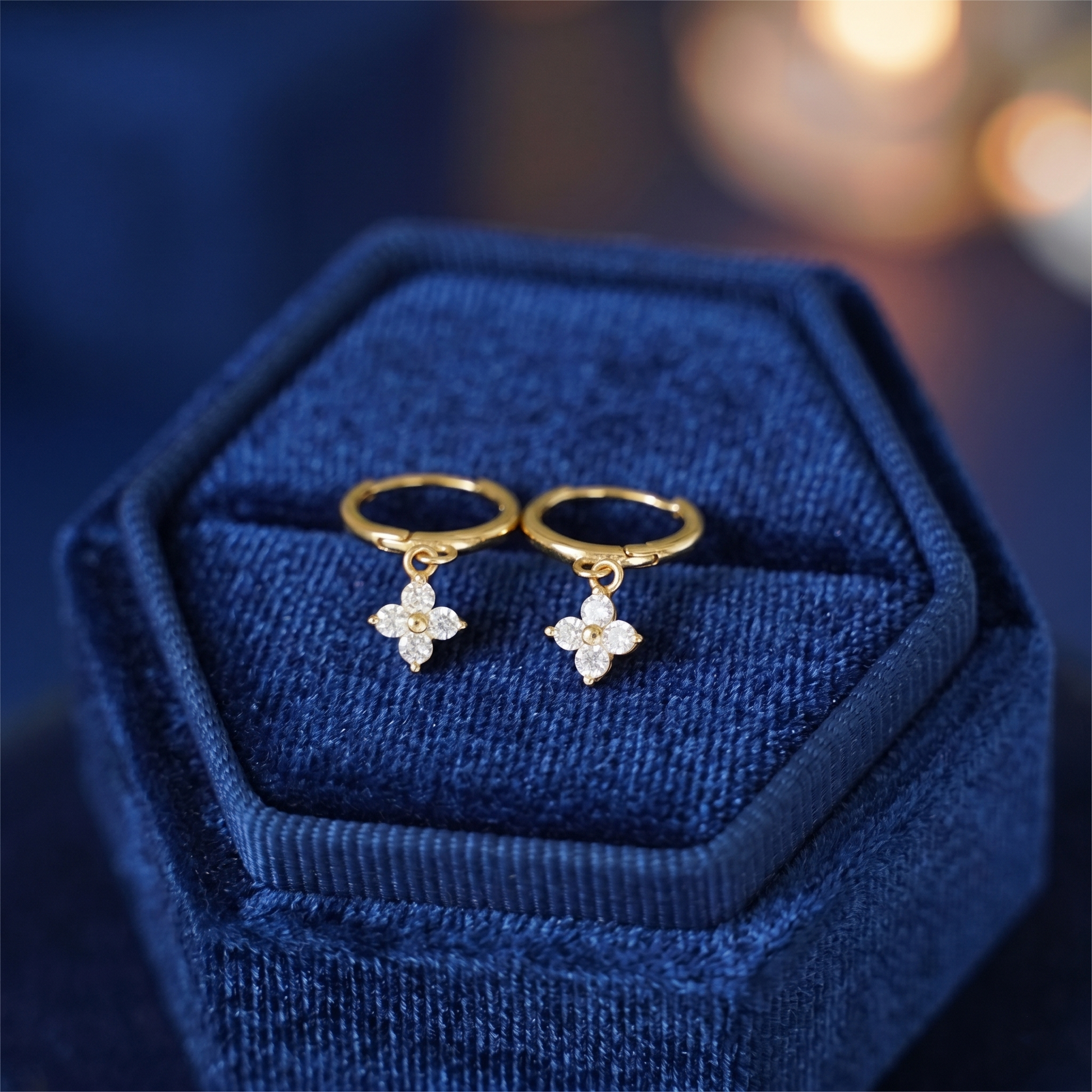 Flower Charm Huggies, 18K gold: crystal flower charms on huggie hoops
