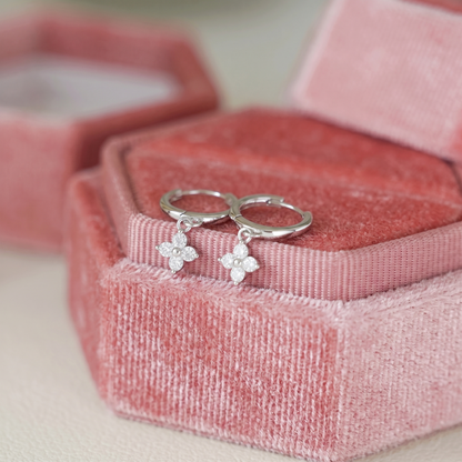Flower Charm Huggies, rhodium: small crystal flower charms on hoop huggies