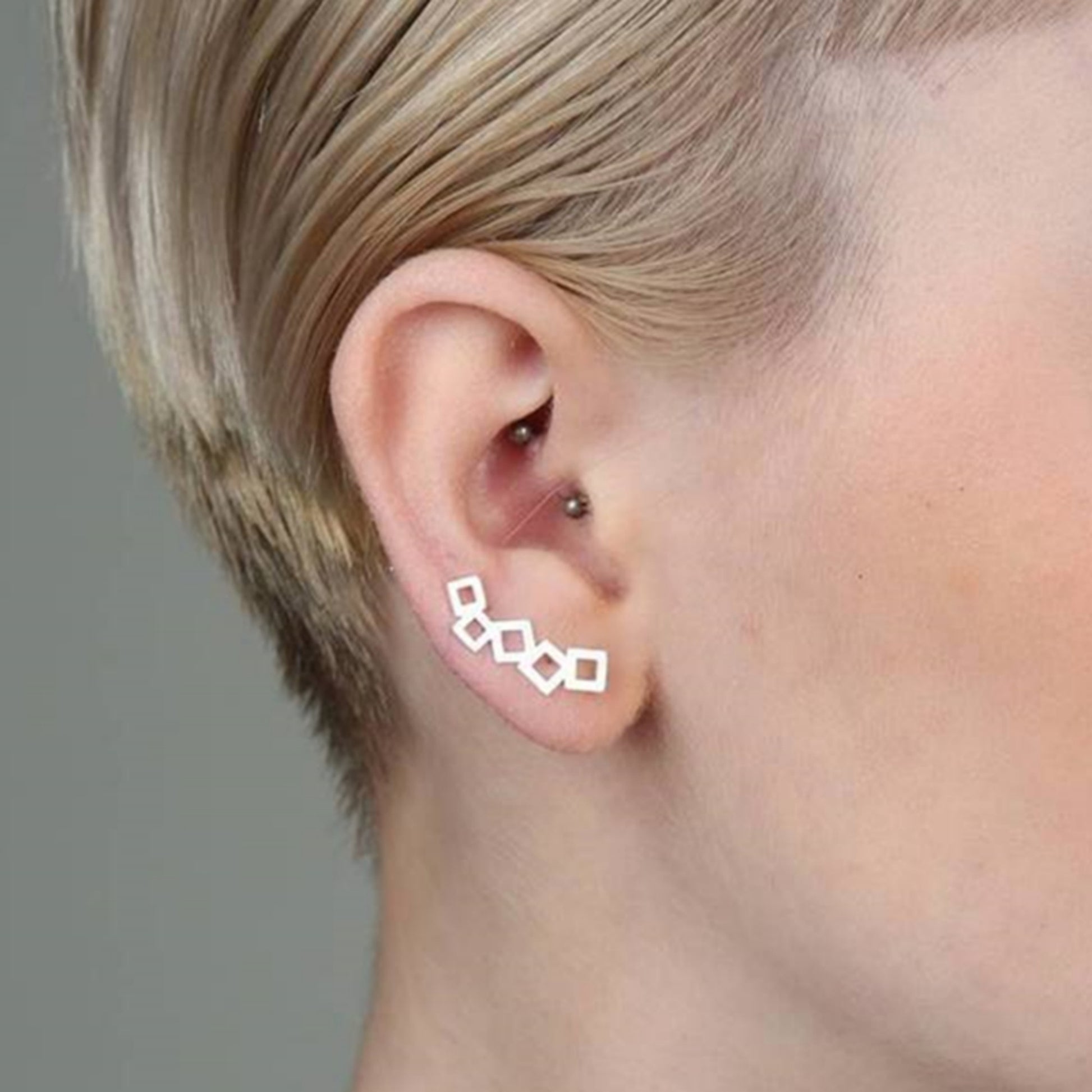 Sterling Silver Geometry Cube Square Curved Climber Crawler Earrings 2 Tones - sugarkittenlondon