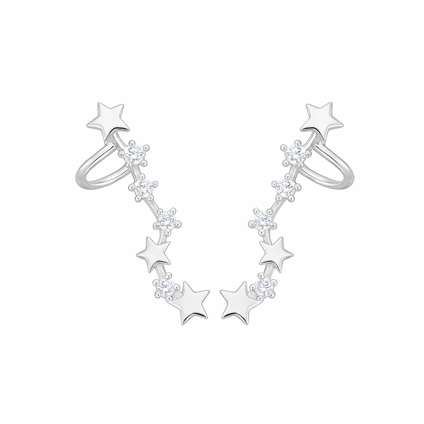 Sterling Silver CZ Celestial Stars Ear Pin Crawler Climber Earrings