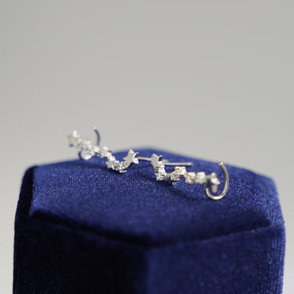 Sterling Silver CZ Celestial Stars Ear Pin Crawler Climber Earrings - sugarkittenlondon