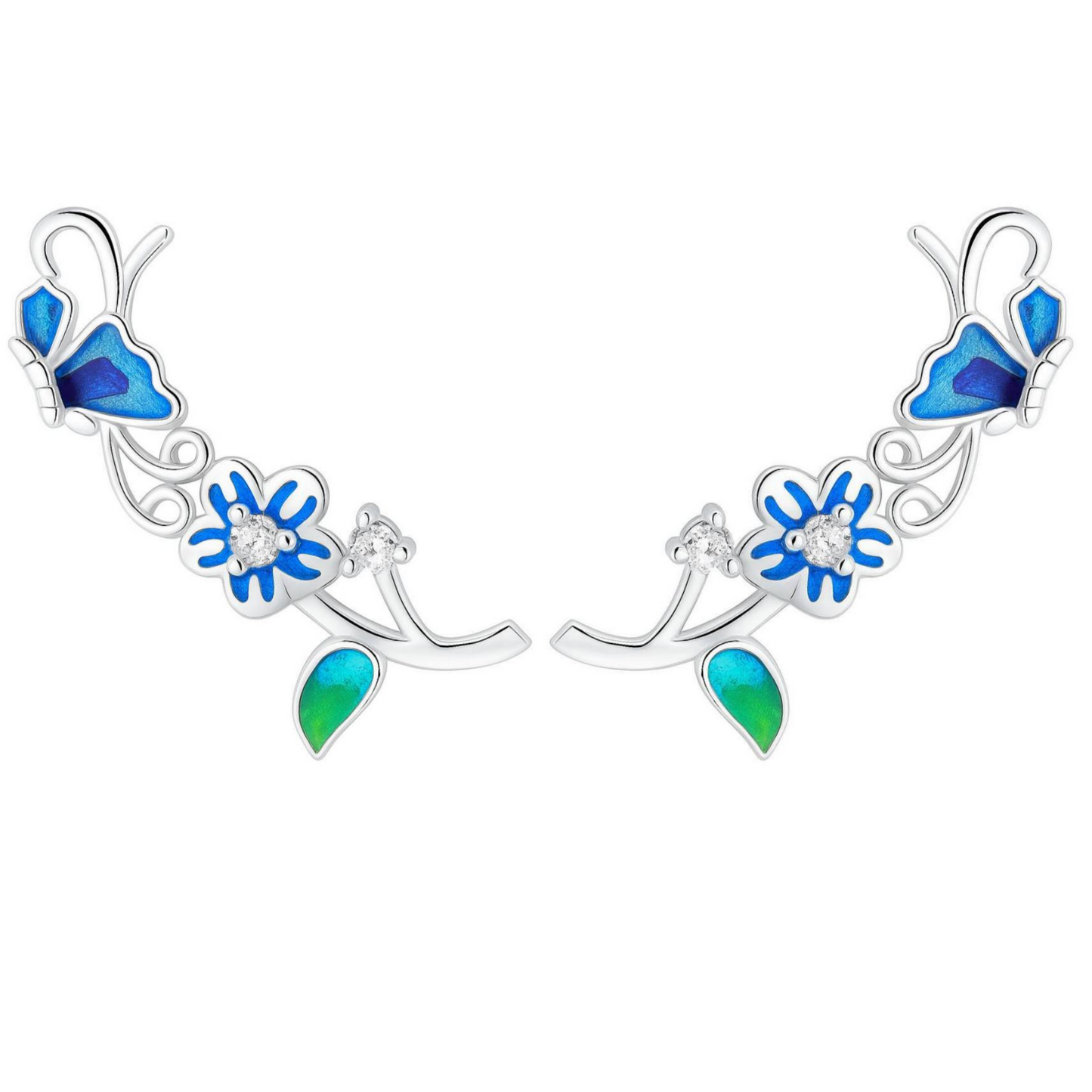 Butterfly climber earrings with blue enamel wings, crystal flowers, and enamel leaf drops.