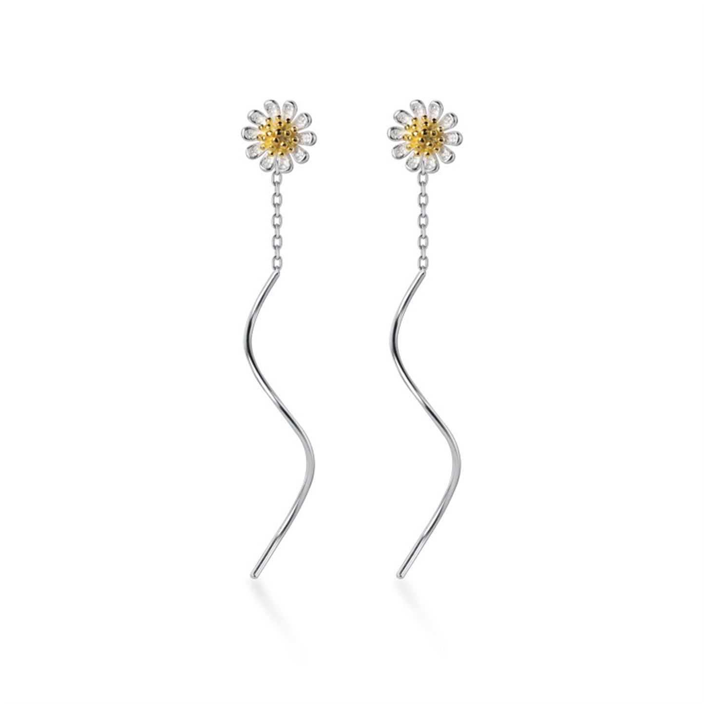 Sterling Silver Daisy Floral Pull Through Long Wave Threader Earrings