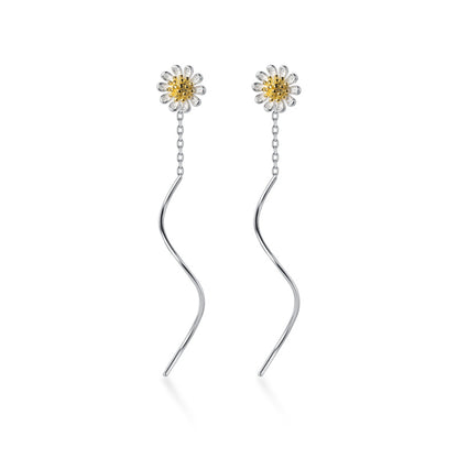 Sterling Silver Daisy Floral Pull Through Long Wave Threader Earrings