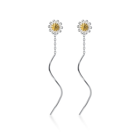 Sterling Silver Daisy Floral Pull Through Long Wave Threader Earrings