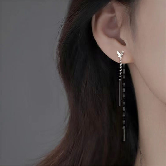 Sterling Silver Long Pull Through Threader Butterfly Bead Tassel Earrings